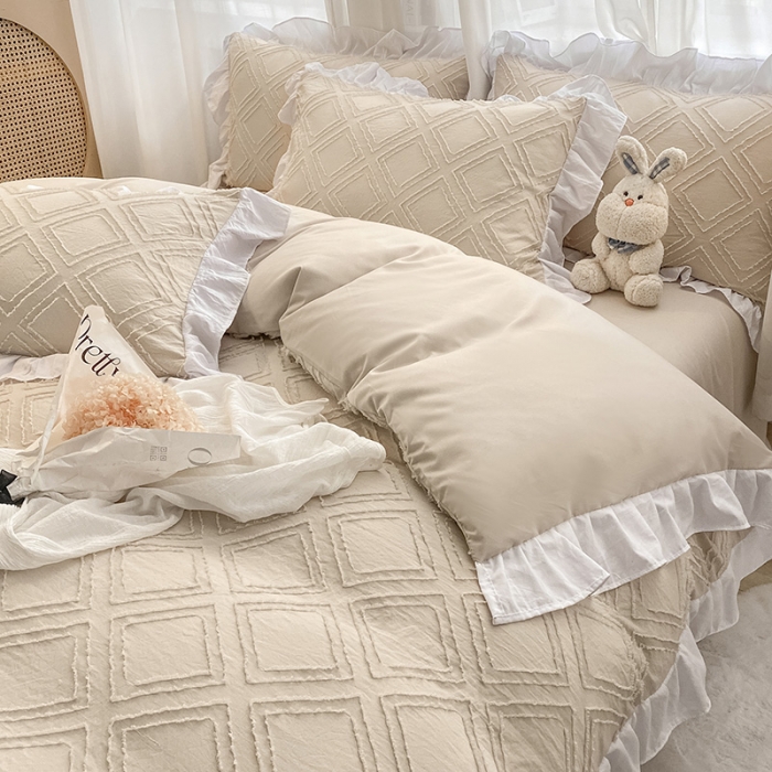 91家纺网 家纺一手货源 找家纺 澳梵家居2022新款韩式立体剪花小清新水洗全棉四件套泡芙卡其