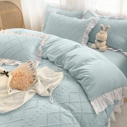 澳梵家居2022新款韩式立体剪花小清新水洗全棉四件套泡芙水蓝