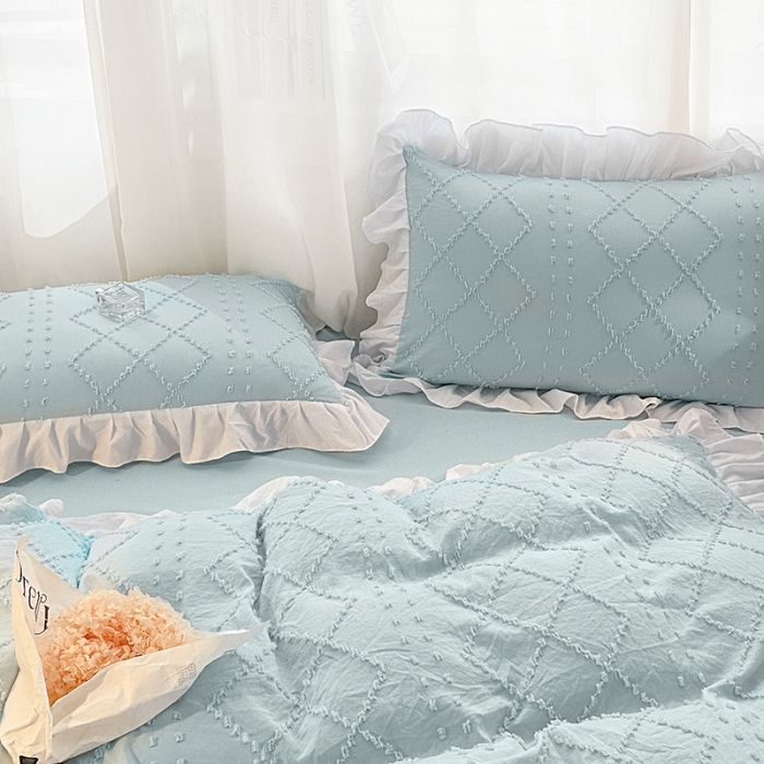 91家纺网 家纺一手货源 找家纺 澳梵家居2022新款韩式立体剪花小清新水洗全棉四件套泡芙水蓝