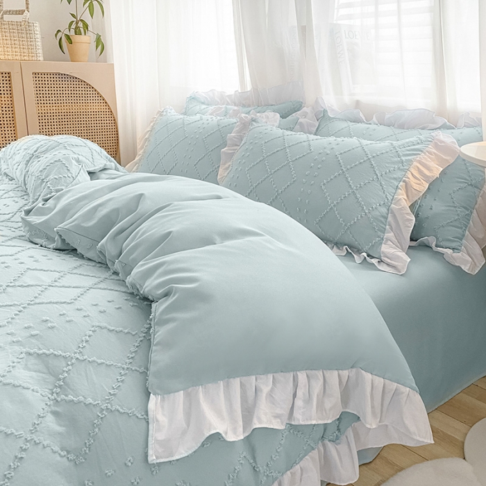 91家纺网 家纺一手货源 找家纺 澳梵家居2022新款韩式立体剪花小清新水洗全棉四件套泡芙水蓝