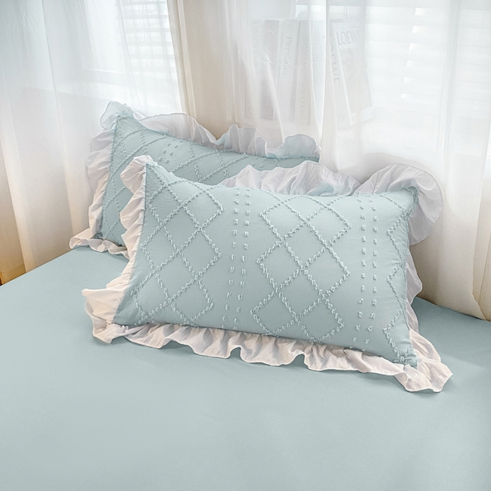 91家纺网 家纺一手货源 找家纺 澳梵家居2022新款韩式立体剪花小清新水洗全棉四件套泡芙水蓝