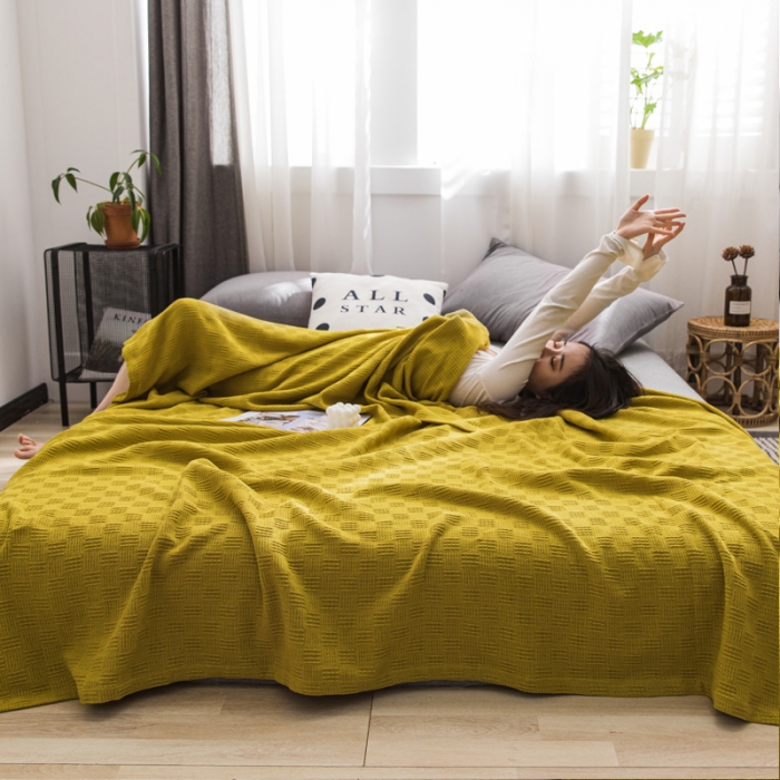 91家纺网 家纺一手货源 找家纺 朴尔 新款加厚纯色线毯纱布毛巾被 素色纯棉肌理线毯-深黄