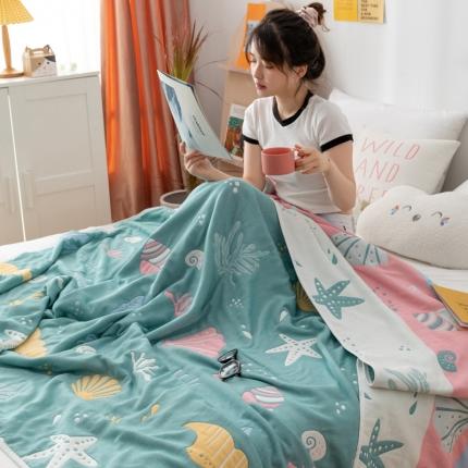 91家纺网 家纺一手货源 找家纺 朴尔 2022年新款卡漫风格全棉六层纱毛巾被 海底世界-绿