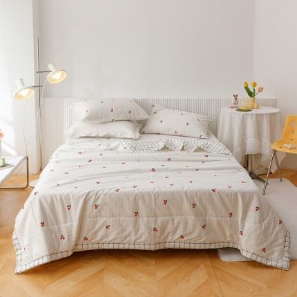 91家纺网 家纺一手货源 找家纺 莱宁被业 2022新款纯棉抗菌夏凉被全棉夏被四件套 樱桃之夏