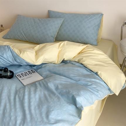 梦享生活 2022新款水洗棉华夫格双拼四件套 华夫格水蓝双拼