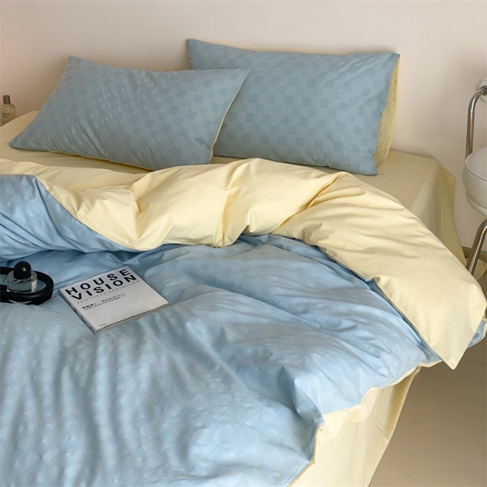 91家纺网 家纺一手货源 找家纺 梦享生活 2022新款水洗棉华夫格双拼四件套 华夫格水蓝双拼