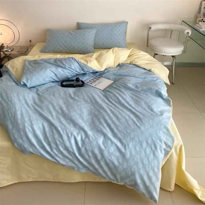 91家纺网 家纺一手货源 找家纺 梦享生活 2022新款水洗棉华夫格双拼四件套 华夫格水蓝双拼