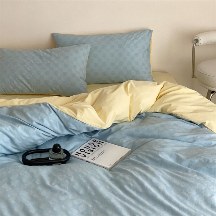 91家纺网 家纺一手货源 找家纺 梦享生活 2022新款水洗棉华夫格双拼四件套 华夫格水蓝双拼