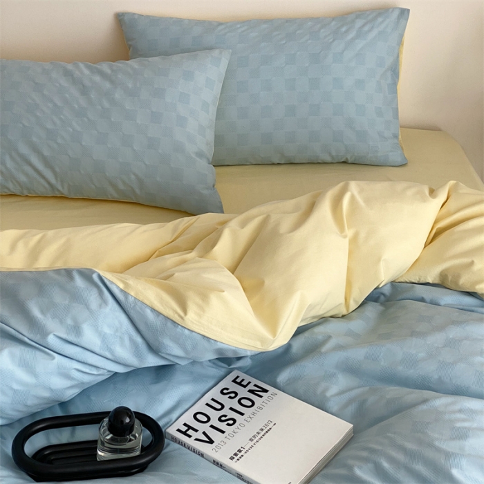 91家纺网 家纺一手货源 找家纺 梦享生活 2022新款水洗棉华夫格双拼四件套 华夫格水蓝双拼