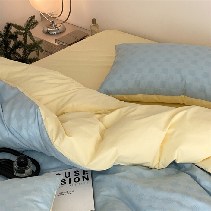 91家纺网 家纺一手货源 找家纺 梦享生活 2022新款水洗棉华夫格双拼四件套 华夫格水蓝双拼