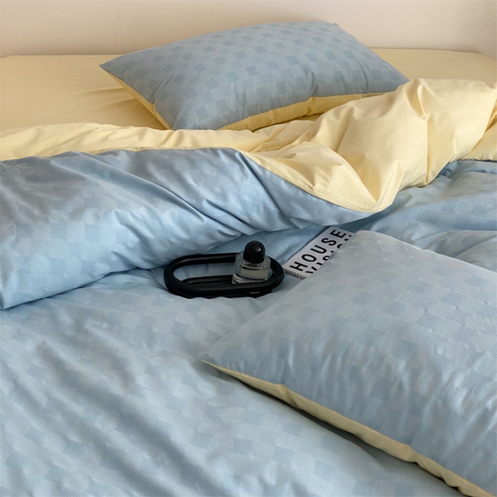 91家纺网 家纺一手货源 找家纺 梦享生活 2022新款水洗棉华夫格双拼四件套 华夫格水蓝双拼