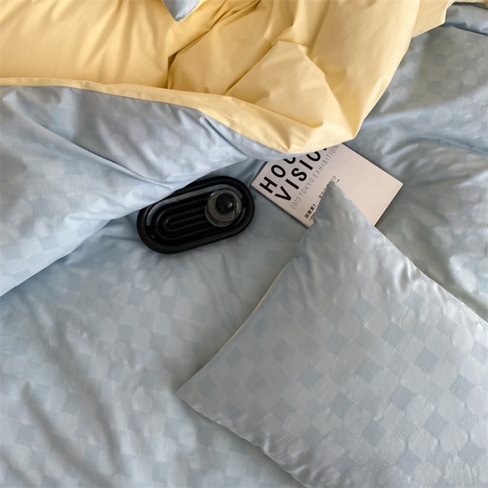 91家纺网 家纺一手货源 找家纺 梦享生活 2022新款水洗棉华夫格双拼四件套 华夫格水蓝双拼