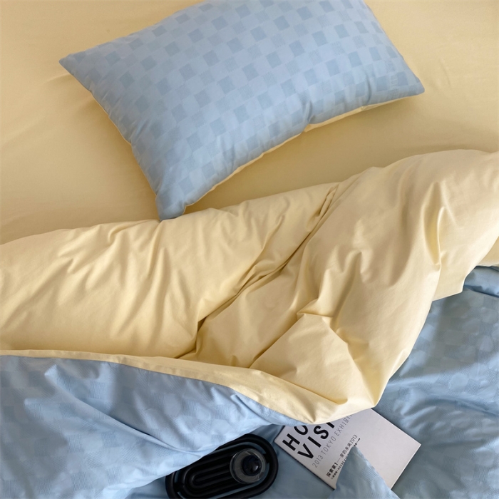 91家纺网 家纺一手货源 找家纺 梦享生活 2022新款水洗棉华夫格双拼四件套 华夫格水蓝双拼