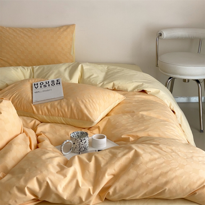 91家纺网 家纺一手货源 找家纺 梦享生活 2022新款水洗棉华夫格双拼四件套华夫格芒果黄双拼