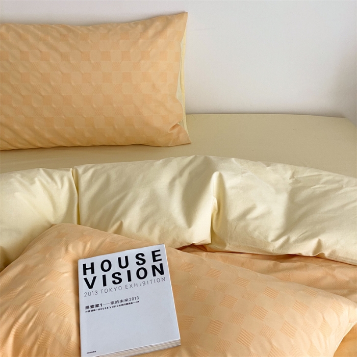 91家纺网 家纺一手货源 找家纺 梦享生活 2022新款水洗棉华夫格双拼四件套华夫格芒果黄双拼