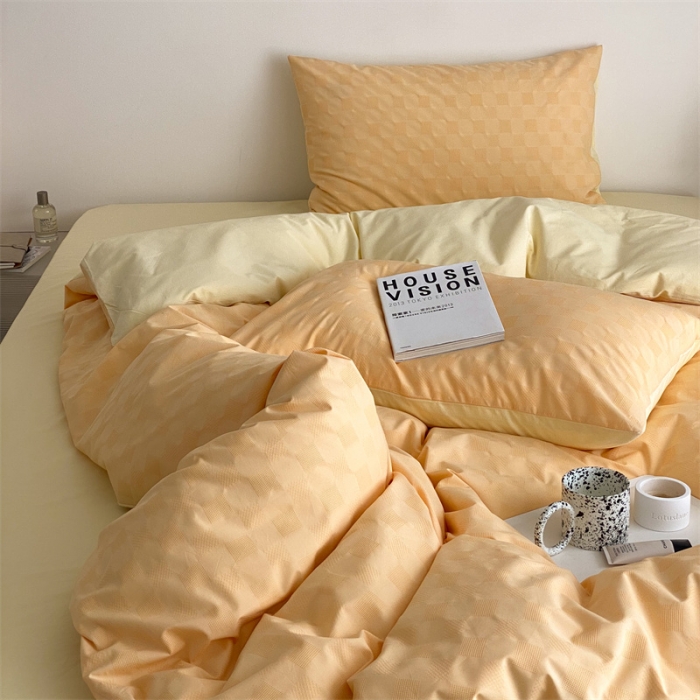 91家纺网 家纺一手货源 找家纺 梦享生活 2022新款水洗棉华夫格双拼四件套华夫格芒果黄双拼