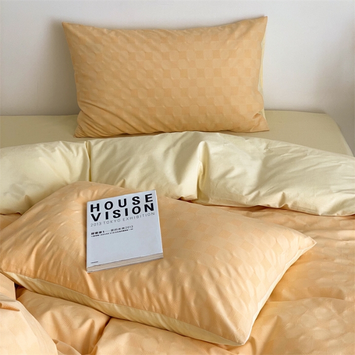 91家纺网 家纺一手货源 找家纺 梦享生活 2022新款水洗棉华夫格双拼四件套华夫格芒果黄双拼