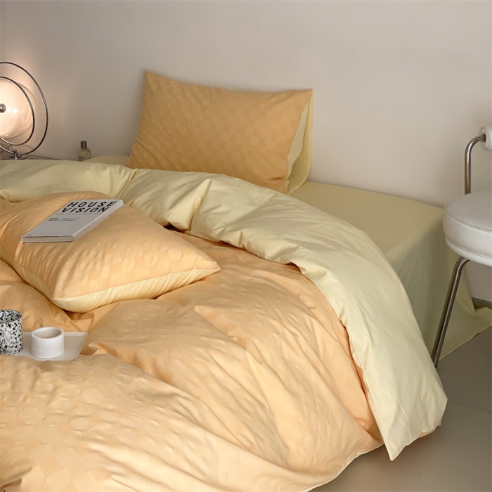 91家纺网 家纺一手货源 找家纺 梦享生活 2022新款水洗棉华夫格双拼四件套华夫格芒果黄双拼