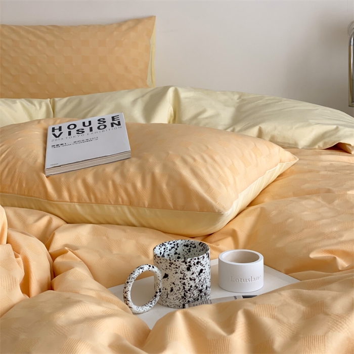 91家纺网 家纺一手货源 找家纺 梦享生活 2022新款水洗棉华夫格双拼四件套华夫格芒果黄双拼