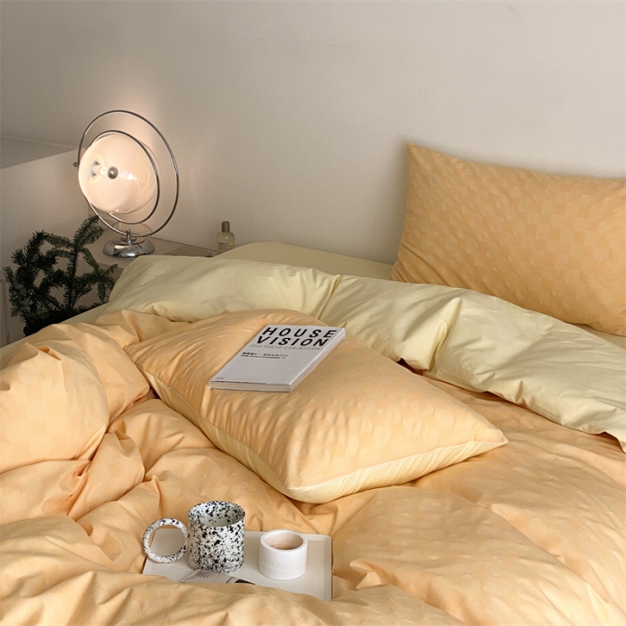 91家纺网 家纺一手货源 找家纺 梦享生活 2022新款水洗棉华夫格双拼四件套华夫格芒果黄双拼