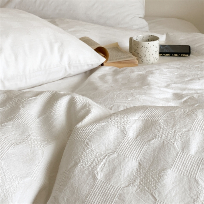 91家纺网 家纺一手货源 找家纺 梦享生活 2022新款水洗棉华夫格双拼四件套 华夫格奶白