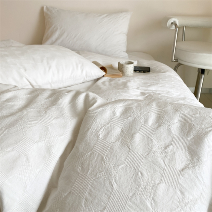 91家纺网 家纺一手货源 找家纺 梦享生活 2022新款水洗棉华夫格双拼四件套 华夫格奶白