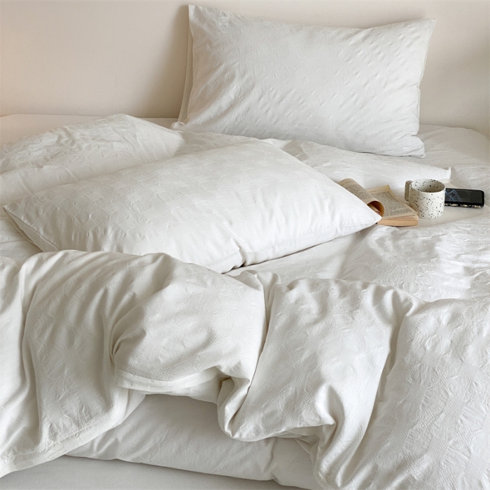 91家纺网 家纺一手货源 找家纺 梦享生活 2022新款水洗棉华夫格双拼四件套 华夫格奶白