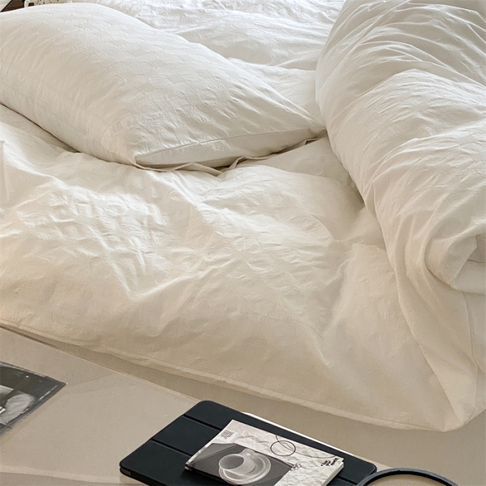 91家纺网 家纺一手货源 找家纺 梦享生活 2022新款水洗棉华夫格双拼四件套 华夫格奶白