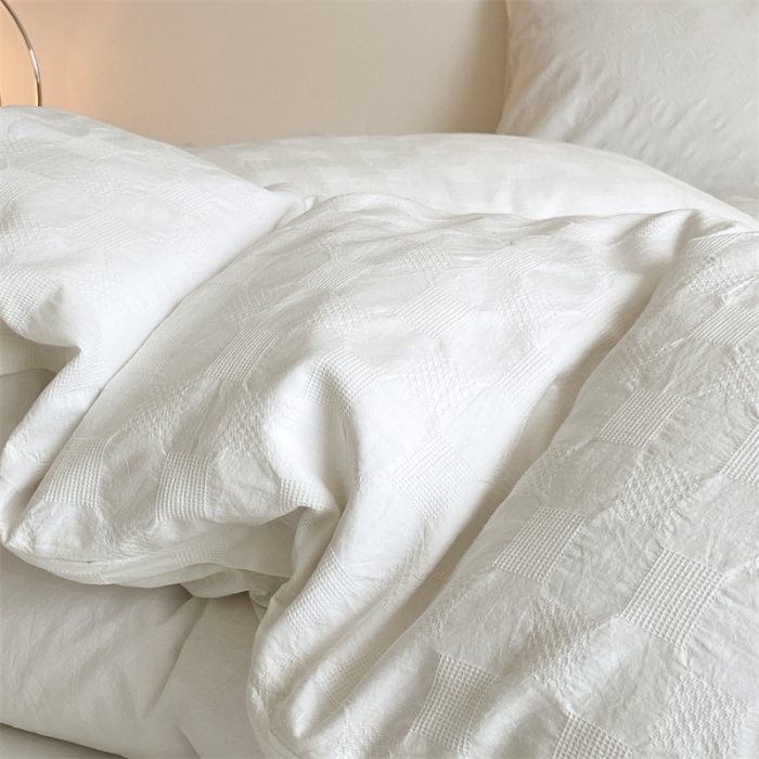 91家纺网 家纺一手货源 找家纺 梦享生活 2022新款水洗棉华夫格双拼四件套 华夫格奶白