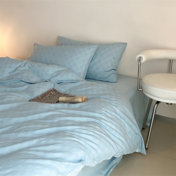 91家纺网 家纺一手货源 找家纺 梦享生活 2022新款水洗棉华夫格双拼四件套 华夫格水蓝纯色