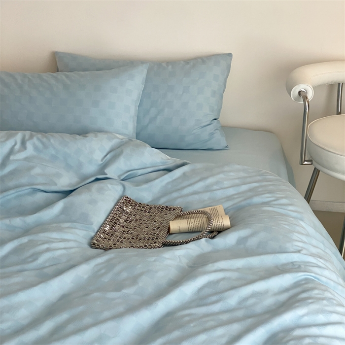 91家纺网 家纺一手货源 找家纺 梦享生活 2022新款水洗棉华夫格双拼四件套 华夫格水蓝纯色