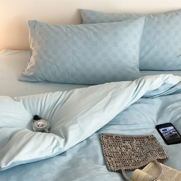 91家纺网 家纺一手货源 找家纺 梦享生活 2022新款水洗棉华夫格双拼四件套 华夫格水蓝纯色