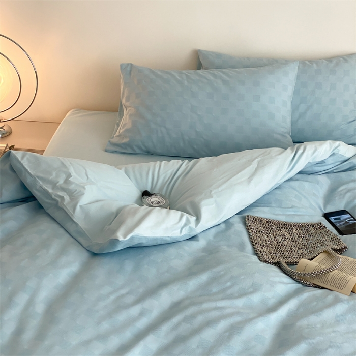 91家纺网 家纺一手货源 找家纺 梦享生活 2022新款水洗棉华夫格双拼四件套 华夫格水蓝纯色