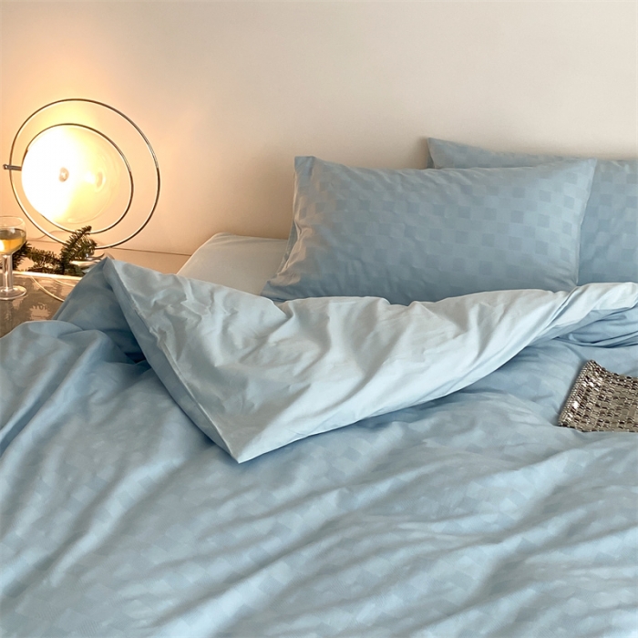 91家纺网 家纺一手货源 找家纺 梦享生活 2022新款水洗棉华夫格双拼四件套 华夫格水蓝纯色