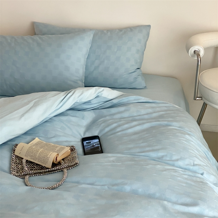 91家纺网 家纺一手货源 找家纺 梦享生活 2022新款水洗棉华夫格双拼四件套 华夫格水蓝纯色