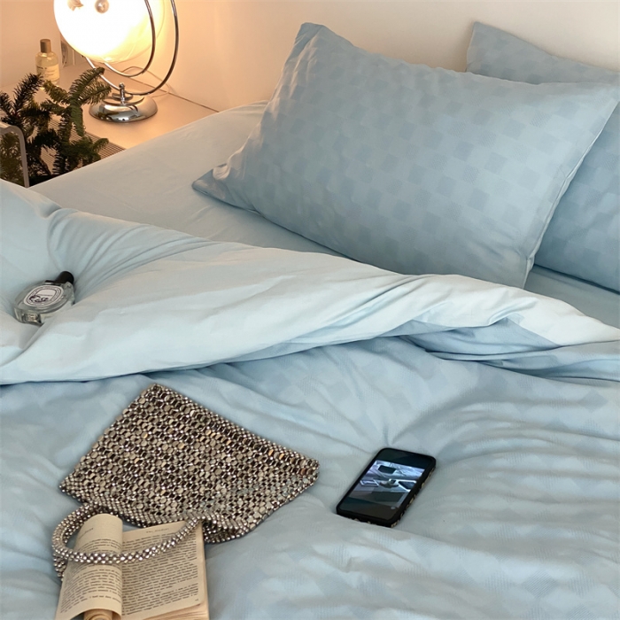 91家纺网 家纺一手货源 找家纺 梦享生活 2022新款水洗棉华夫格双拼四件套 华夫格水蓝纯色