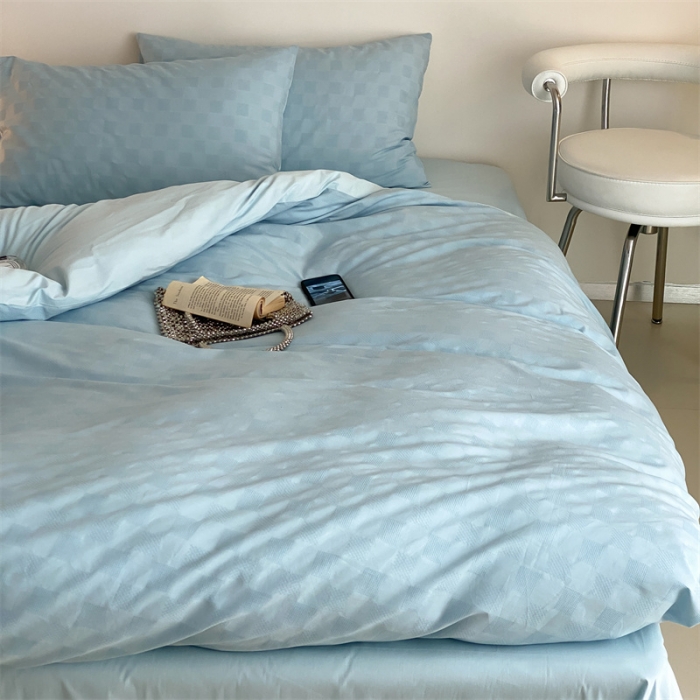 91家纺网 家纺一手货源 找家纺 梦享生活 2022新款水洗棉华夫格双拼四件套 华夫格水蓝纯色