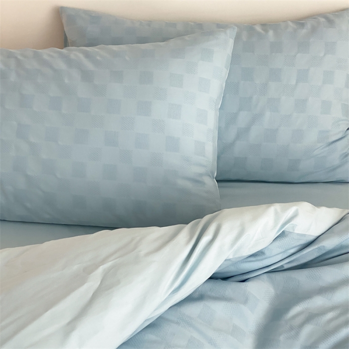 91家纺网 家纺一手货源 找家纺 梦享生活 2022新款水洗棉华夫格双拼四件套 华夫格水蓝纯色