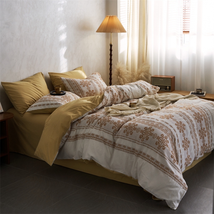 91家纺网 家纺一手货源 找家纺 梦享生活 2022新款全棉色织水洗棉提花四件套 克什米尔桔