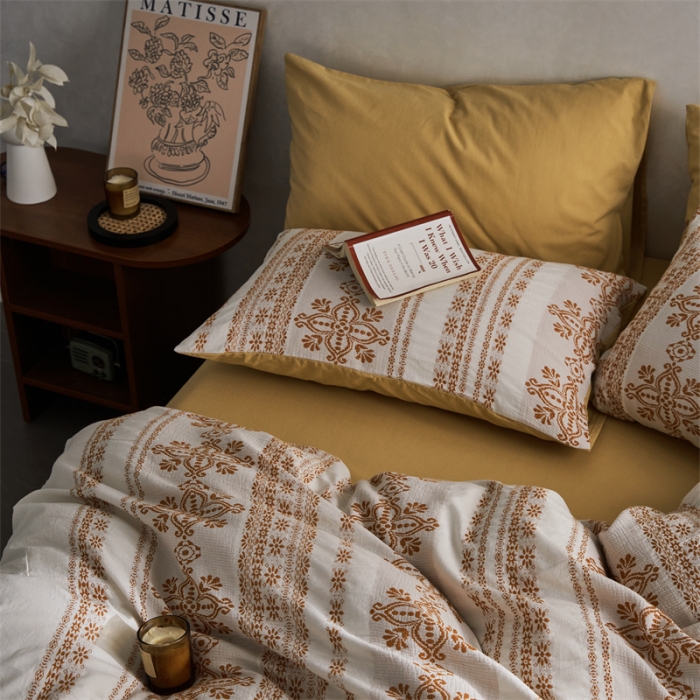 91家纺网 家纺一手货源 找家纺 梦享生活 2022新款全棉色织水洗棉提花四件套 克什米尔桔