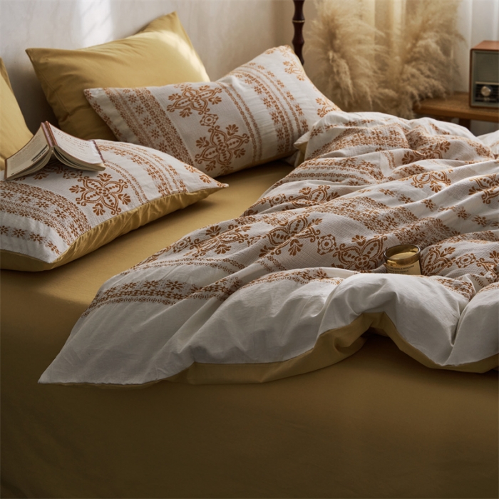 91家纺网 家纺一手货源 找家纺 梦享生活 2022新款全棉色织水洗棉提花四件套 克什米尔桔