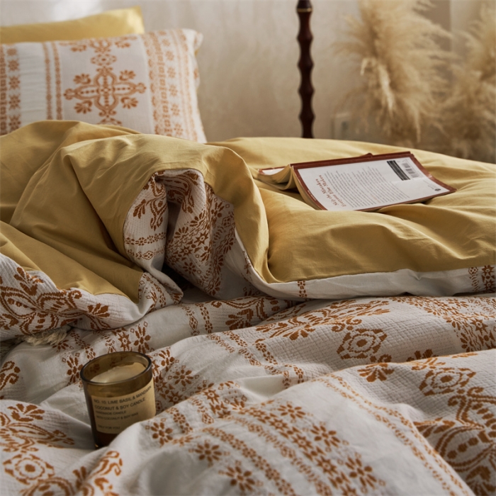 91家纺网 家纺一手货源 找家纺 梦享生活 2022新款全棉色织水洗棉提花四件套 克什米尔桔