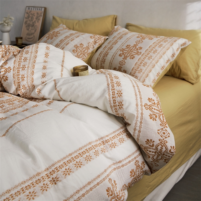 91家纺网 家纺一手货源 找家纺 梦享生活 2022新款全棉色织水洗棉提花四件套 克什米尔桔