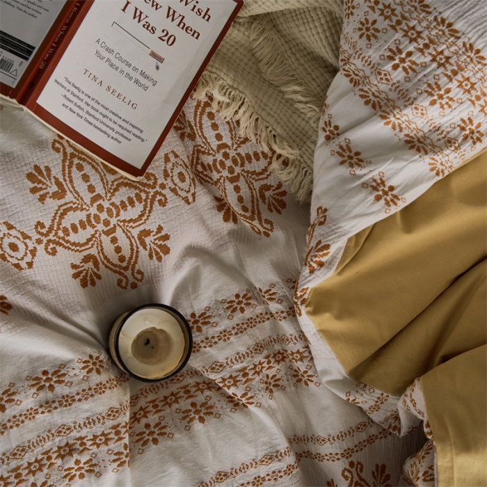 91家纺网 家纺一手货源 找家纺 梦享生活 2022新款全棉色织水洗棉提花四件套 克什米尔桔