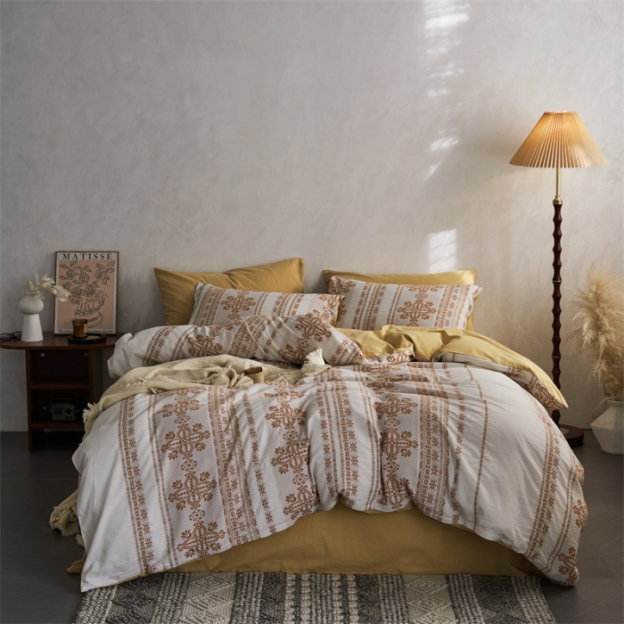 91家纺网 家纺一手货源 找家纺 梦享生活 2022新款全棉色织水洗棉提花四件套 克什米尔桔