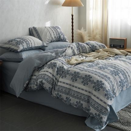 梦享生活 2022新款全棉色织水洗棉提花四件套 克什米尔蓝