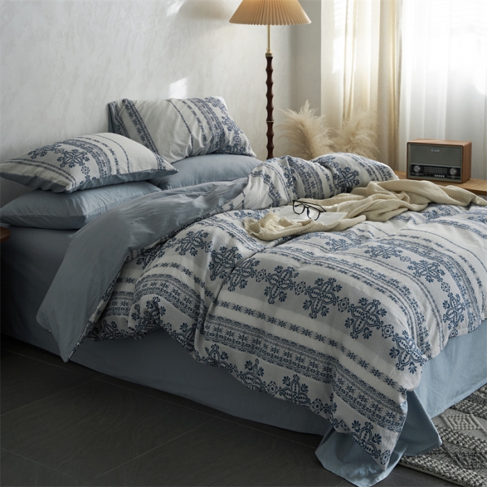 91家纺网 家纺一手货源 找家纺 梦享生活 2022新款全棉色织水洗棉提花四件套 克什米尔蓝