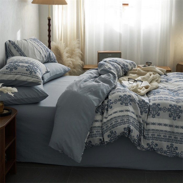 91家纺网 家纺一手货源 找家纺 梦享生活 2022新款全棉色织水洗棉提花四件套 克什米尔蓝