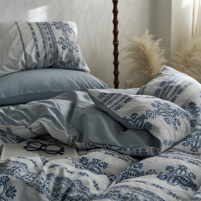 91家纺网 家纺一手货源 找家纺 梦享生活 2022新款全棉色织水洗棉提花四件套 克什米尔蓝