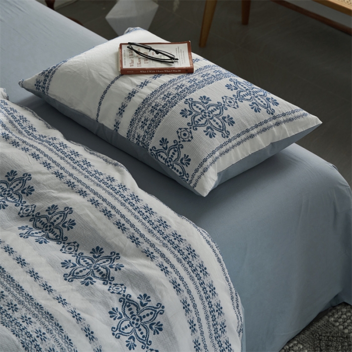 91家纺网 家纺一手货源 找家纺 梦享生活 2022新款全棉色织水洗棉提花四件套 克什米尔蓝